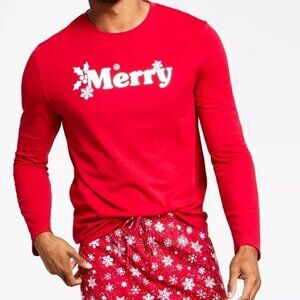 Family Pajamas Men's Knit Crew-Neck Pajama Top, Red Merry Christmas, Medium